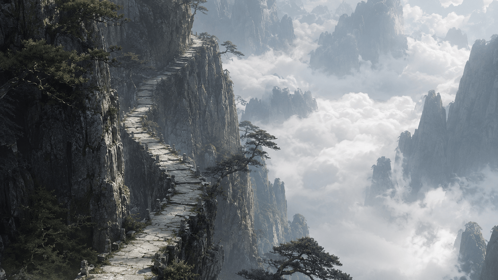 Cloudscar Pass — Cloud rivers below, sword sects above. The air thins.