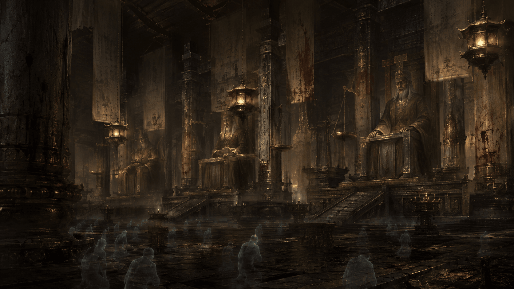 Court of Unfinished Debts — Brass scales and karma ledgers. Every blow you struck is on file.