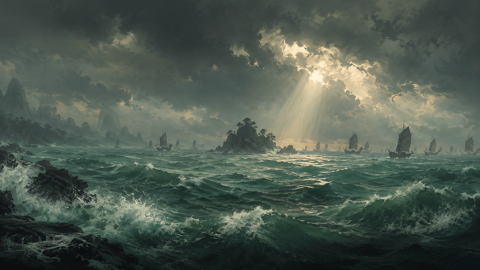 Jade Tide Passage — Open water under monsoon sky. Pirate sails on every horizon.