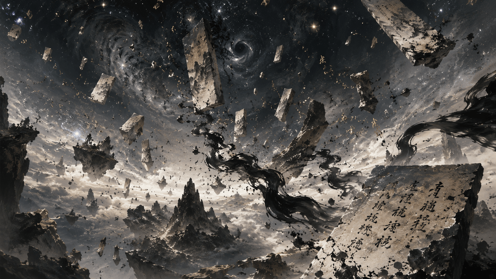 Where the Dao Ends — Broken sky, drifting calligraphy. The self dissolves into blank paper.