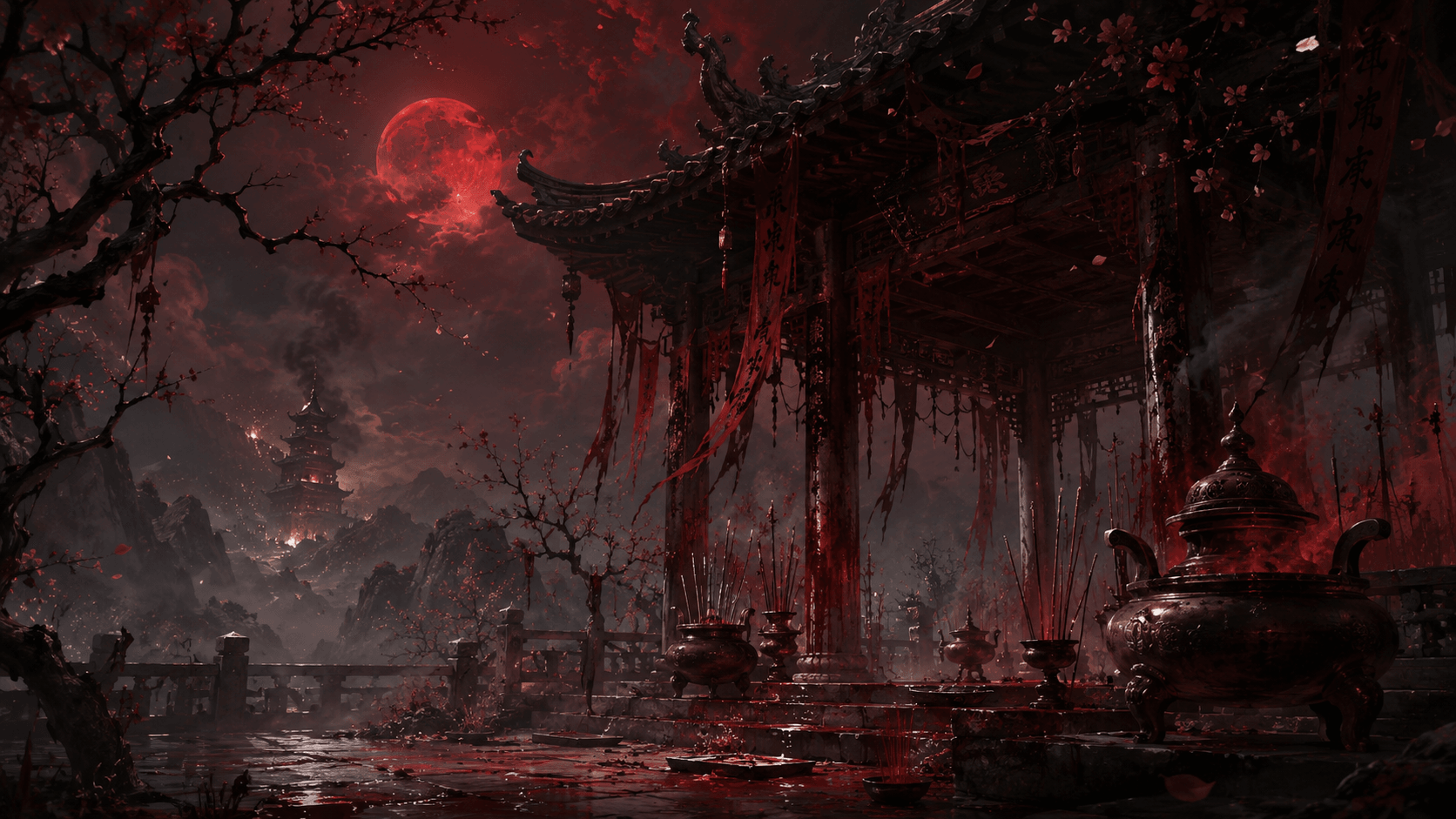 Cinder Pavilion: Blood-moon braziers and demon banners. The veil tears here.