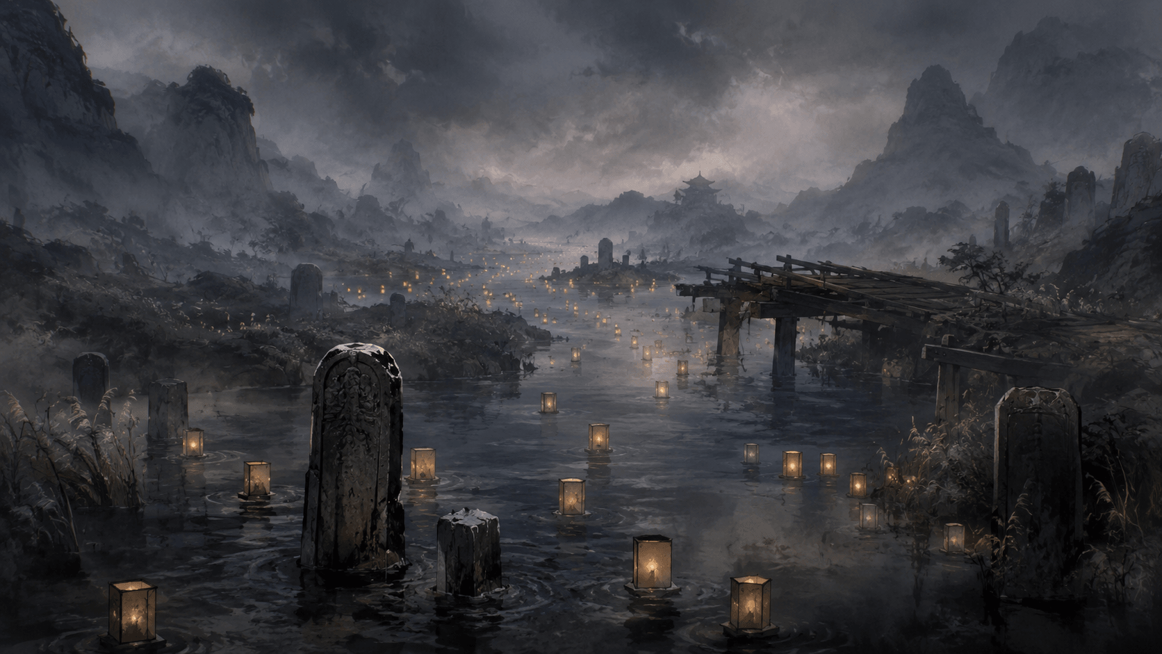River of Lost Names: Paper lanterns drift past stelae no one can read anymore.