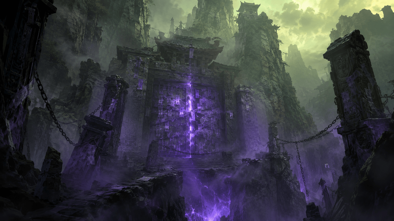 Sealed Echo Gorge: Talismans glow violet on the gates. Something behind them is waking.